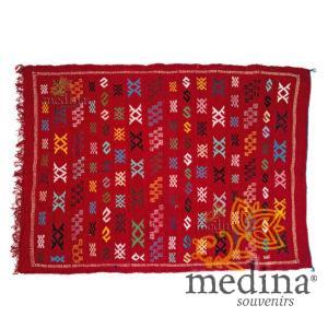 Tapis vintage fait main, tapis berbère aux motifs ethniques sur fond rouge