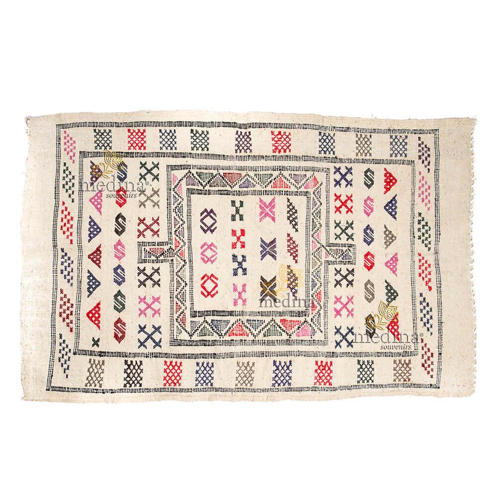 Tapis vintage fait main, tapis berbère aux motifs ethniques sur fond crème