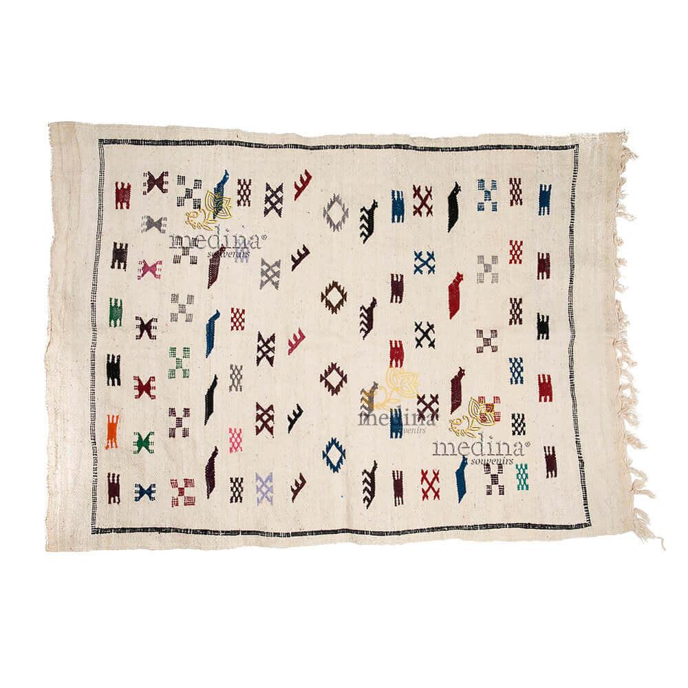 Tapis vintage fait main, tapis berbère aux motifs ethniques sur fond écru